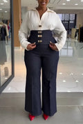 Women's Collar Splicing Metal Buckle Top+ Pants Temperament Commuting Suit