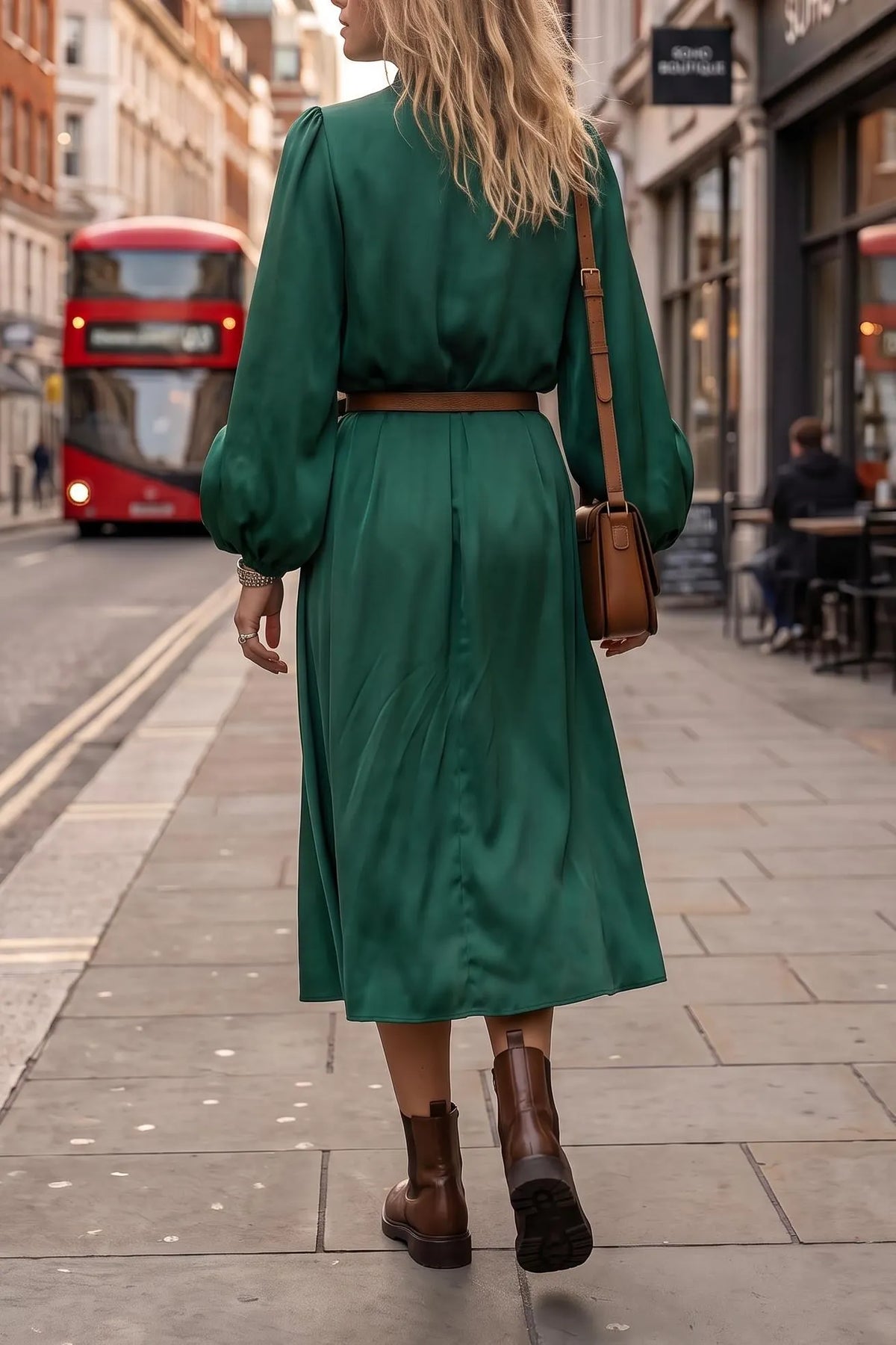 Women's Elegant Satin Tie Neck Midi Dress Long Lantern Sleeve 3D Rose Floral Pleated A-Line Cocktail Dress with Belt Vintage Wedding Guest Dresses
