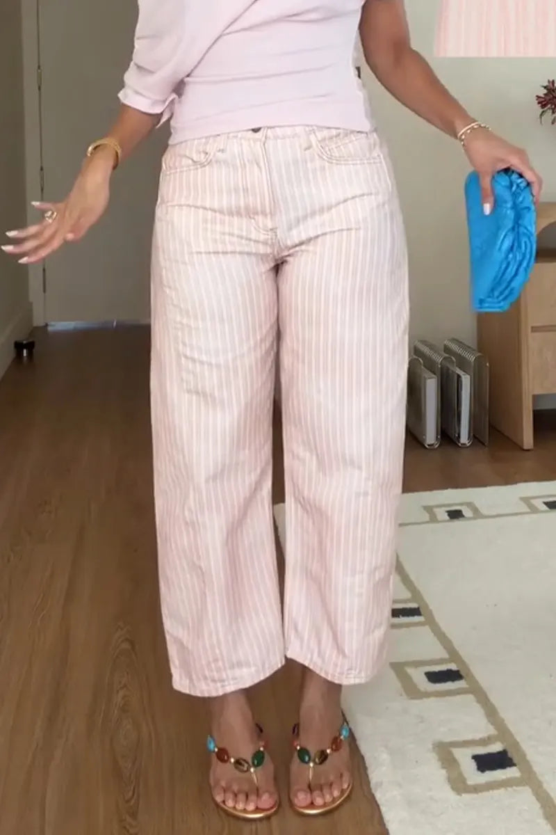 Women's Slanted Neck Solid Color Top or Vertical Striped Wide Leg Pants