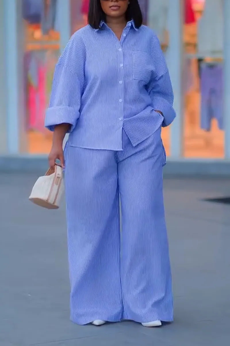 Women's Collar Shirt+Pants Loose Casual Set