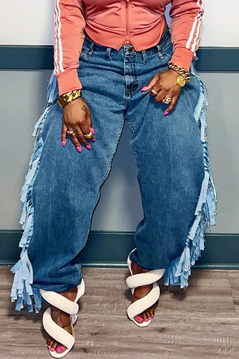 Women's Casual Side Fringe Decoration Wide Leg Jeans