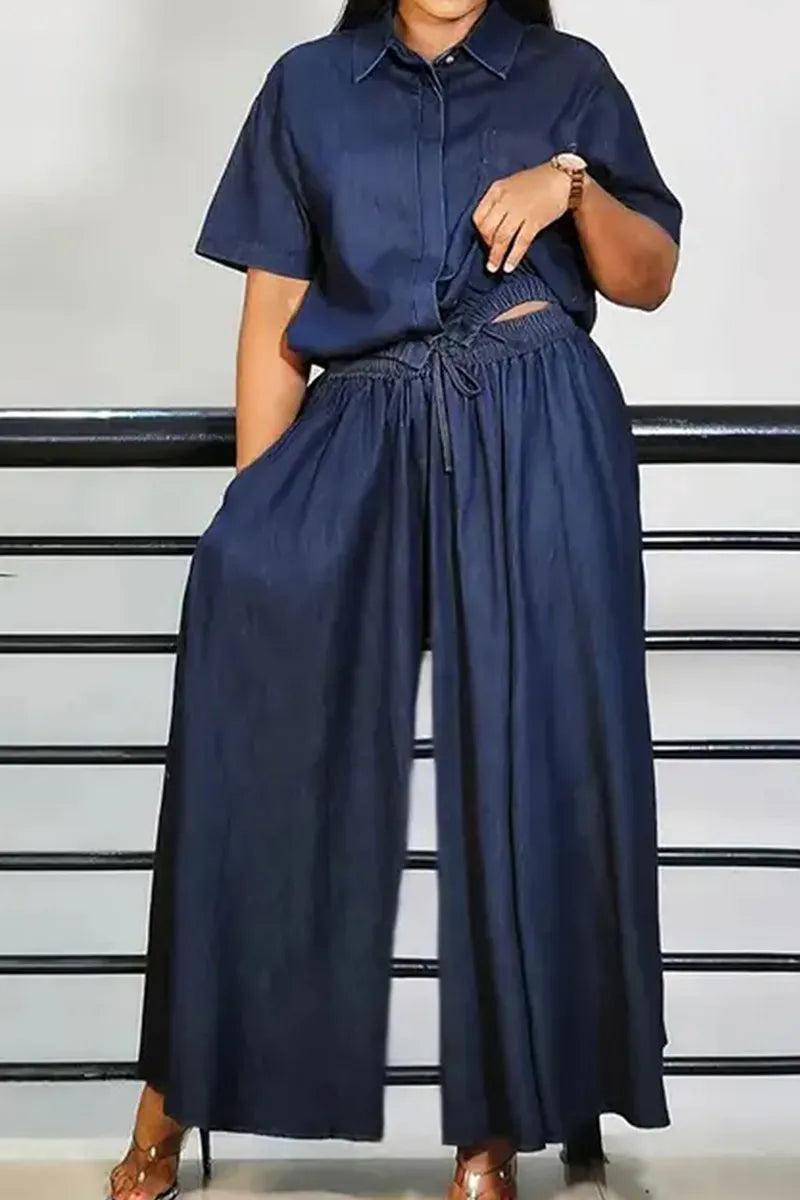 Women's Casual Loose Fit Denim Top& Casual Wide Leg Jeans