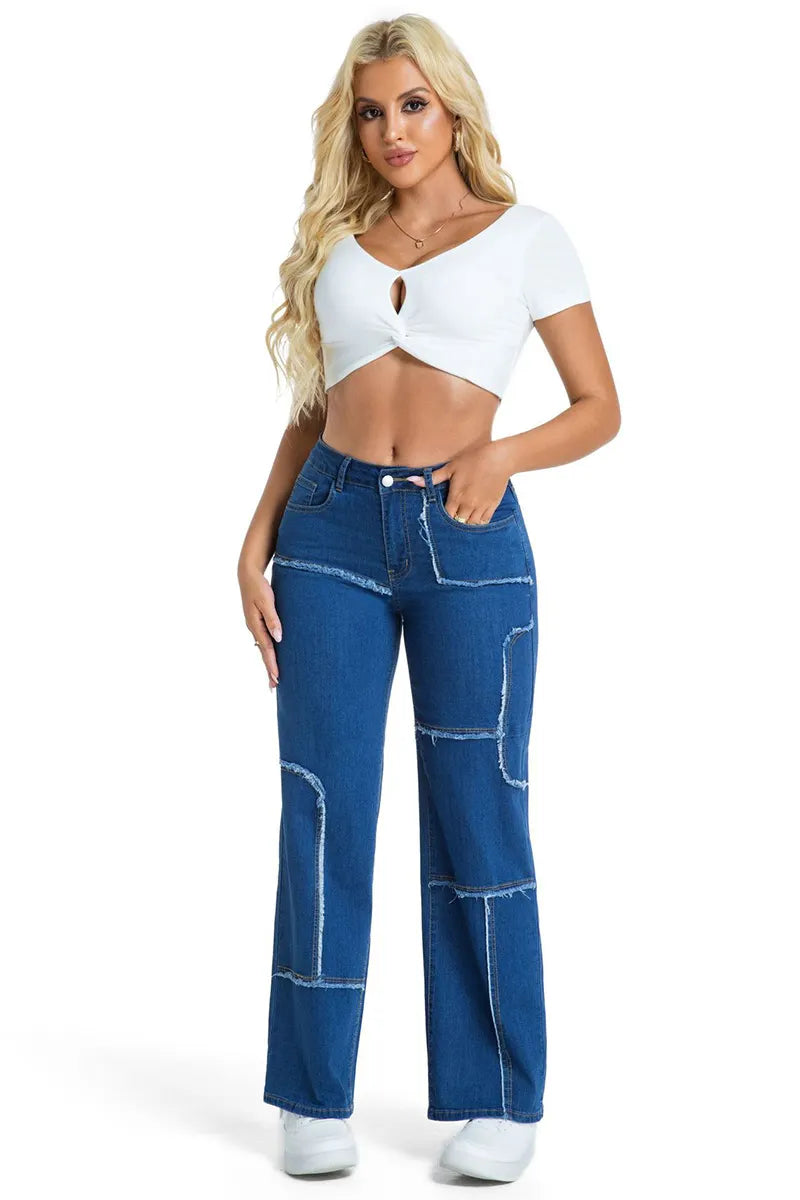 Casual Stretch Panel Raw Hem Wide Leg Jeans