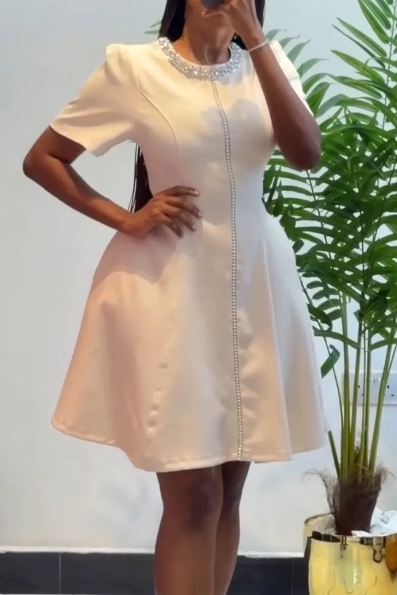 Women's Round Neck Collar Studded Diamond Elegant Casual Dress