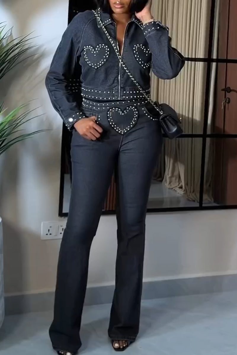 Women's Collar Studded Denim Jacket or Patchwork Heart-shaped Jeans