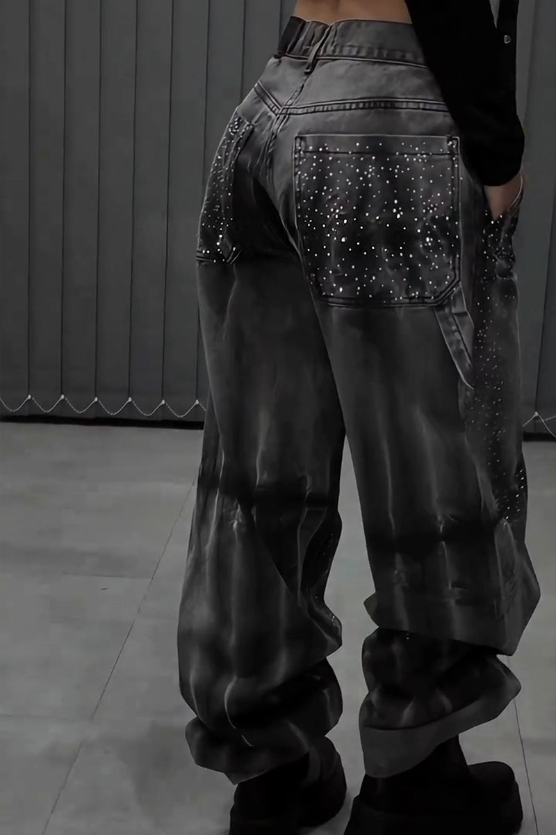 Women's Casual Rhinestone Decoration Wash Wide Leg Jeans