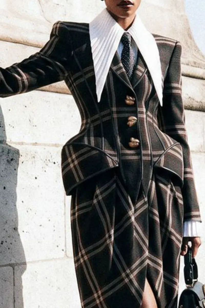 Women's Elegant Temperament Collar Plaid Waist Cinched Jacket or Split Skirt