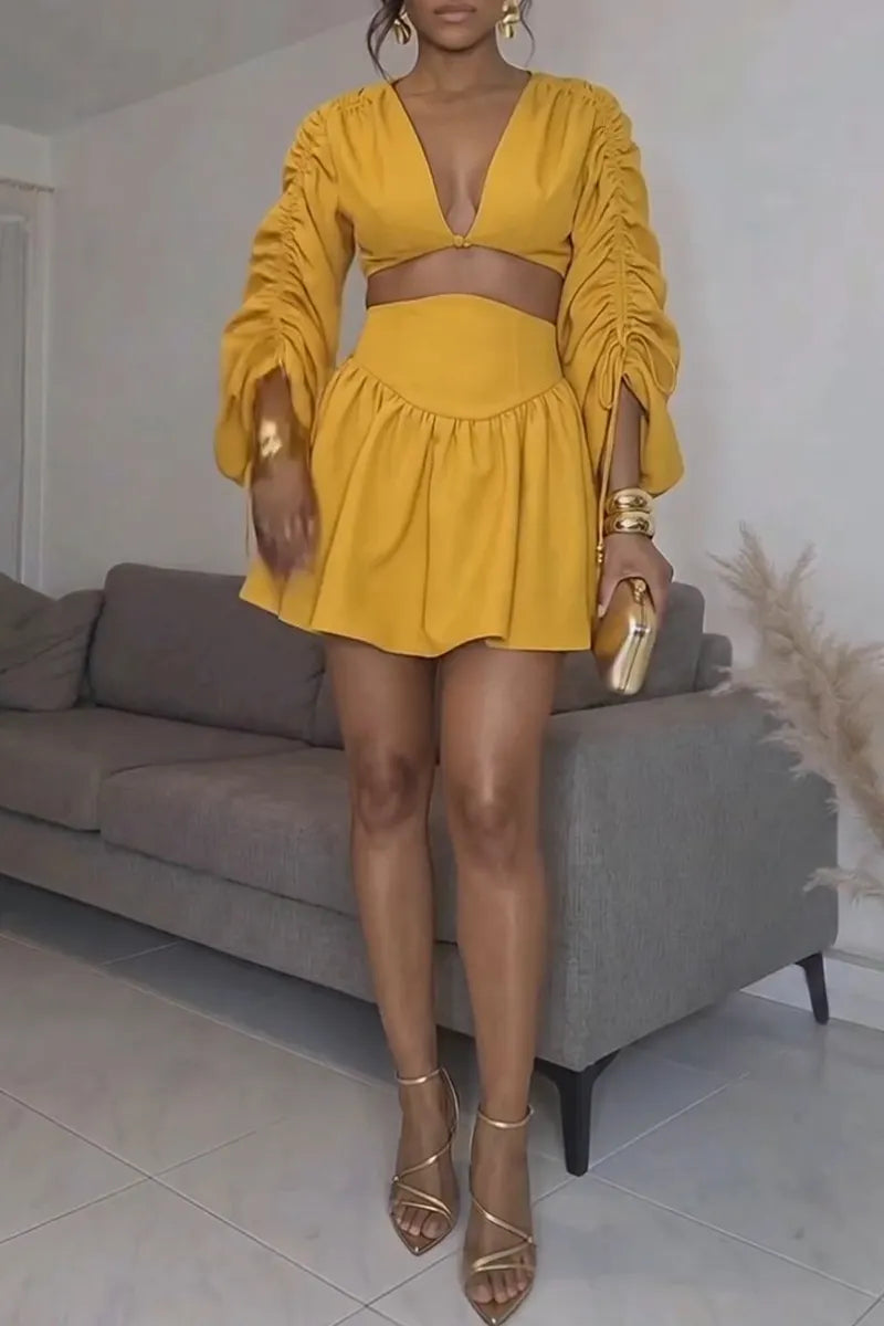 Women's Elegant Pleated Long Sleeve Cropped Top High Waist Skirt Two-Piece Set