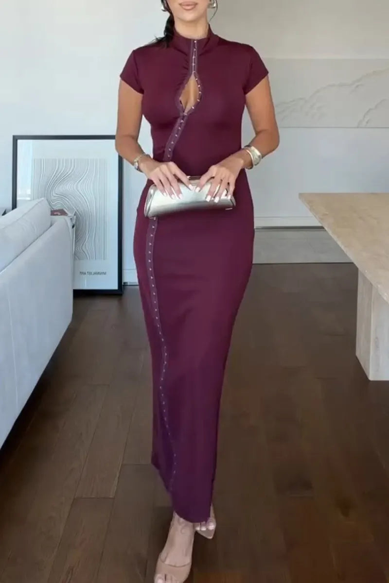 Women's Fashion Button Design Stand Collar Slit Hem Maxi Dress