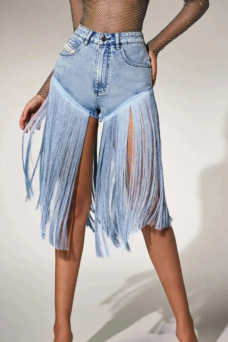 Women Vintage Washed Fringe Overlay Denim Shorts High Rise Front Split Tassel Trim Jean Shorts