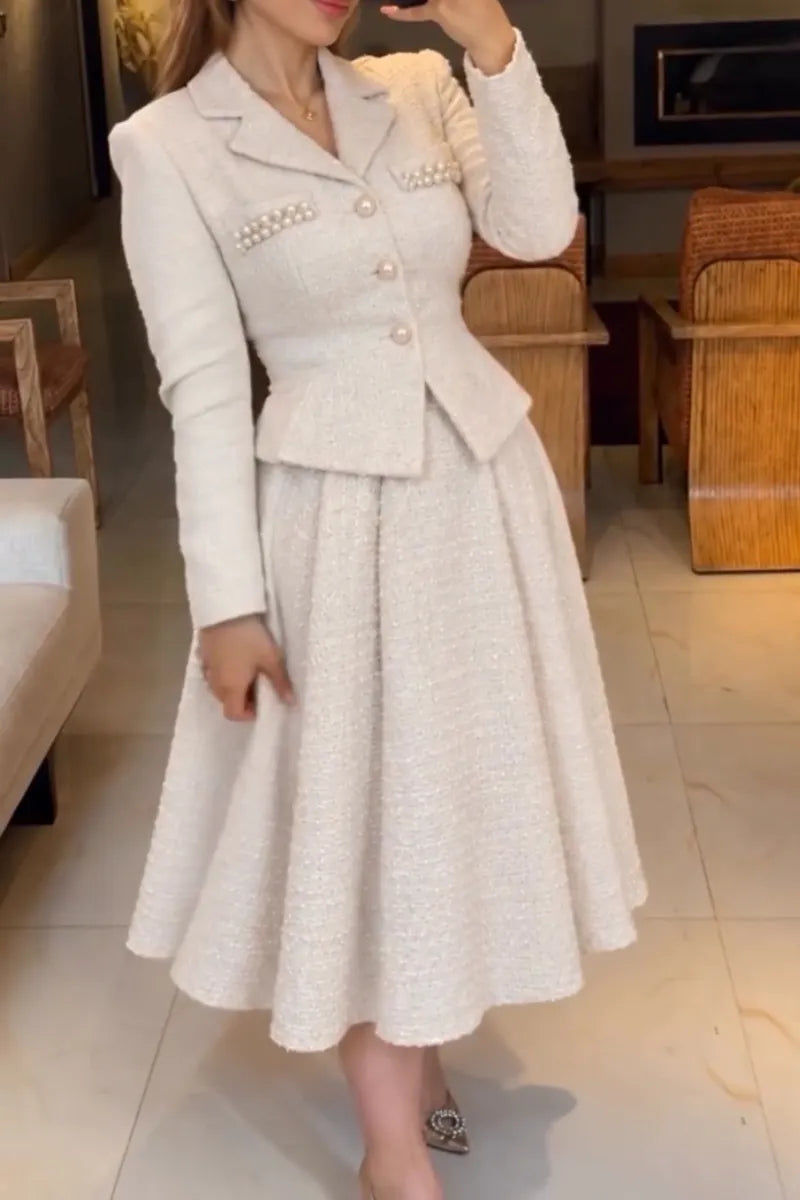 Women's Collar Waist Small Fragrant Style Coarse Woolen Jacket or Skirt