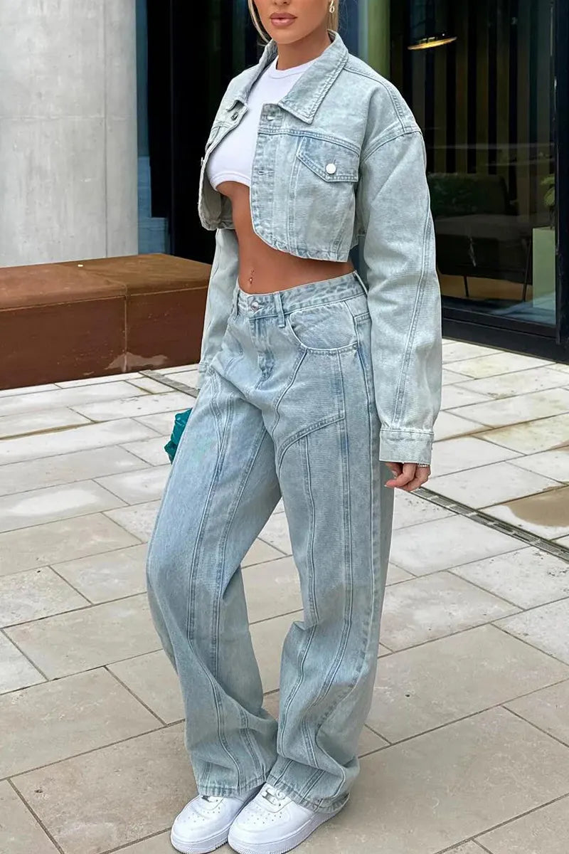 Women's Best-Selling Casual Cropped Denim Jacket& Wide Leg Jeans