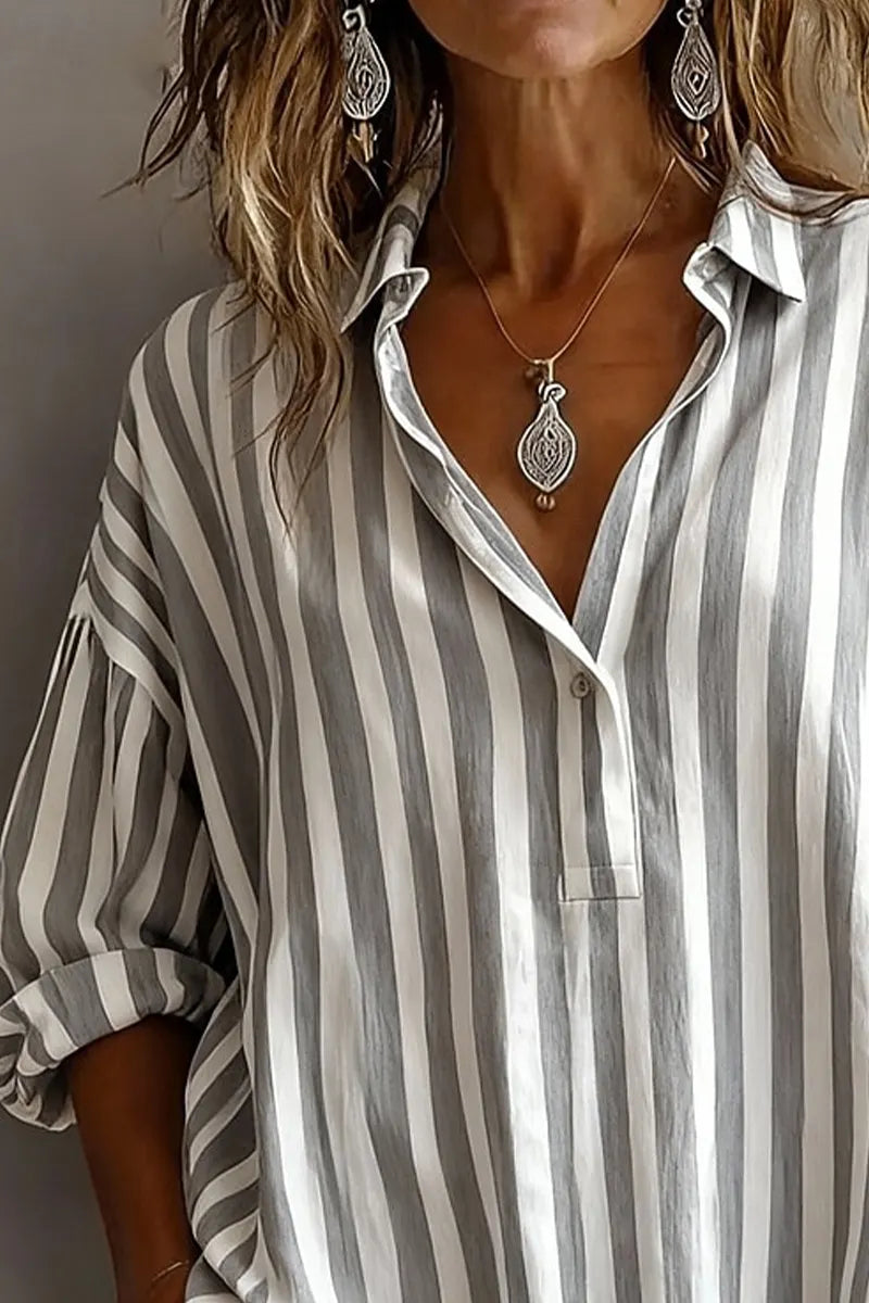 Women's Casual Striped Collared Henley Shirt with Loose Fit & Curved Hem