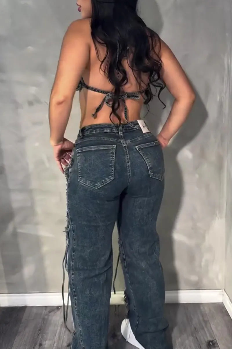 Women's Dark Acid Wash Halter Triangle Cup Denim Crop Bikini Top Or High Waist Multi Layer Raw Fringe Distressed Flare Denim Pants