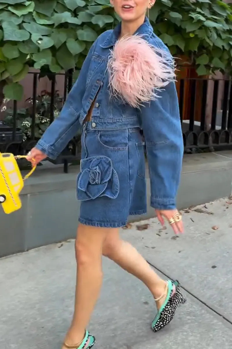Women's Casual Plush Decoration Denim Jacket or Flower Denim Skirt