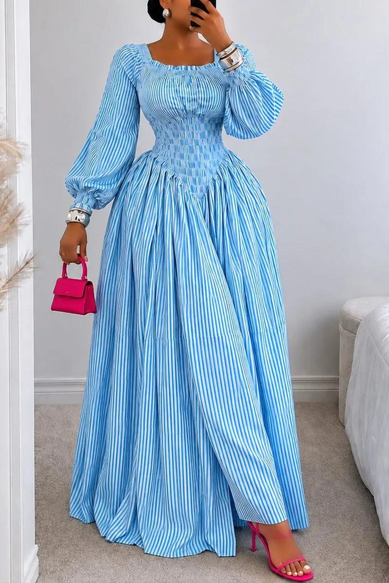 Women's Elegant Stretch Pleated Puff Sleeve Stripe Maxi Dress