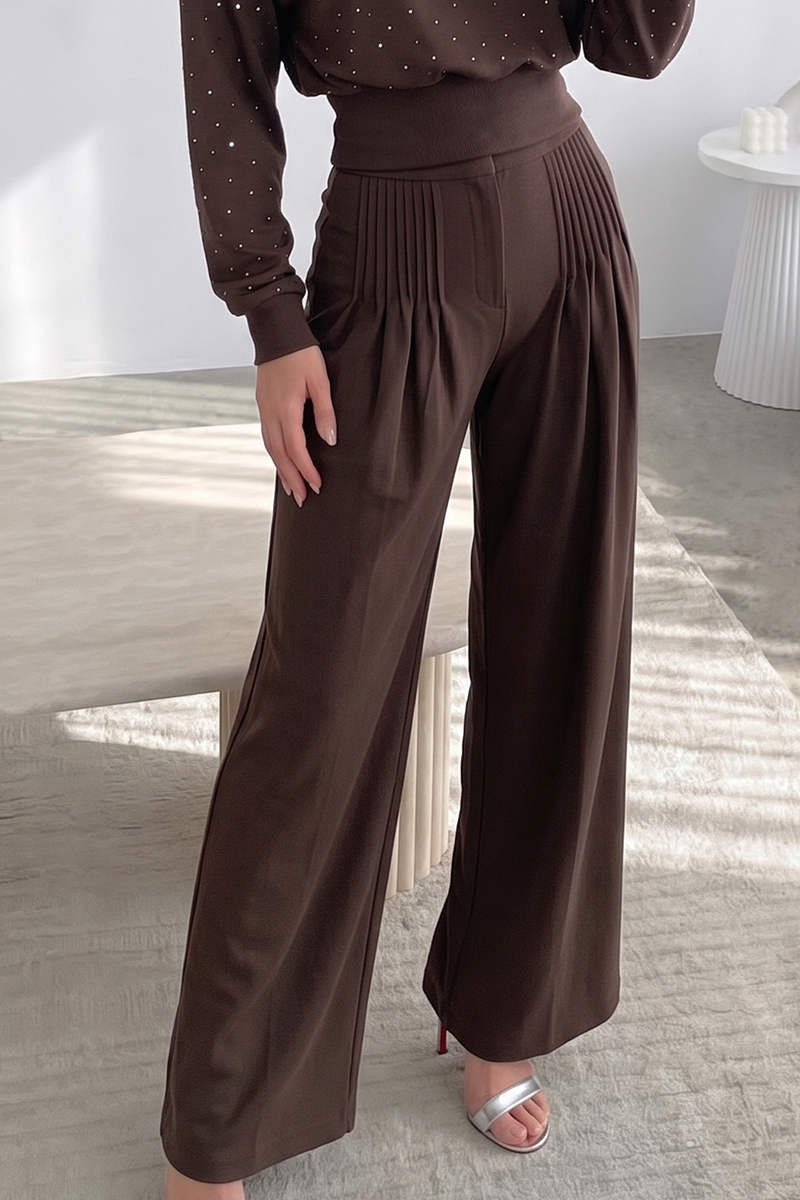 Women's 2-Piece Shimmer Outfit High Neck Long Sleeve Top and High-Waisted Flowy Palazzo Pant Set