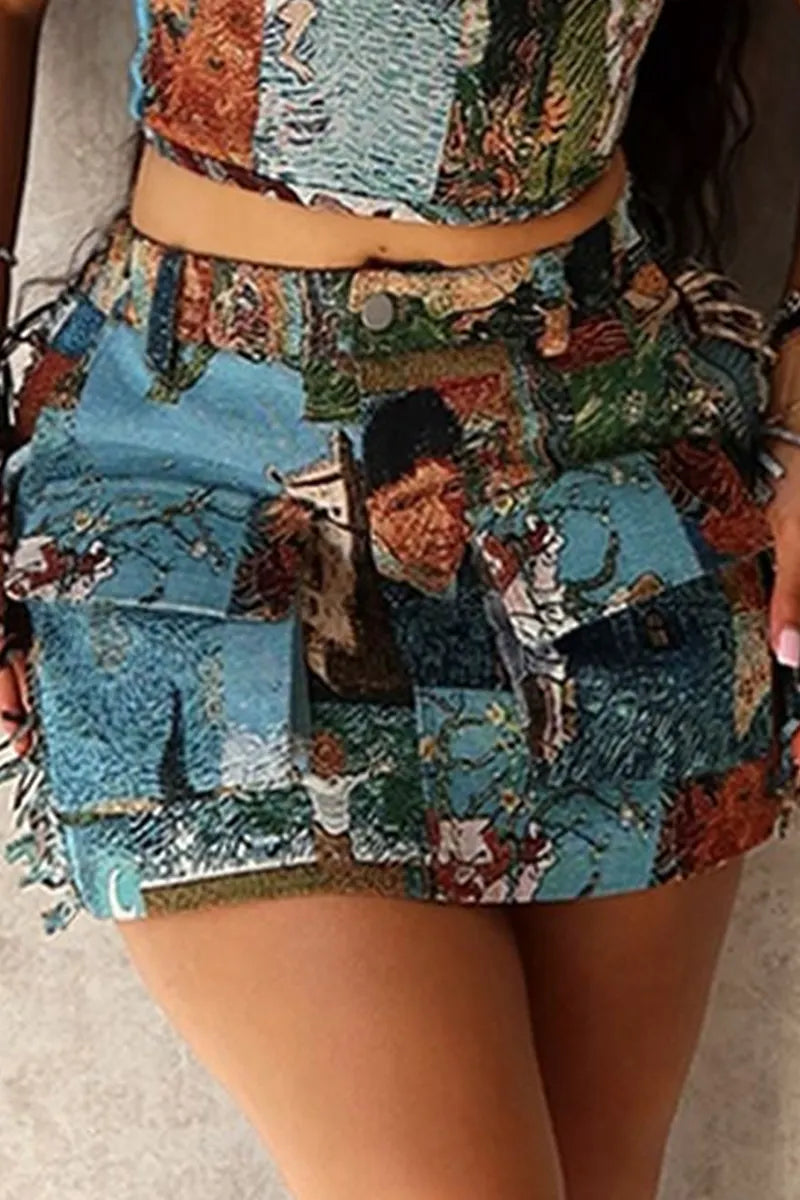 Women's Sexy Casual Strapless Printed Denim Top Or Printed Denim Pencil Skirt