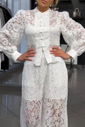 Women's Elegant Button Decoration Lace Shirt or Pants