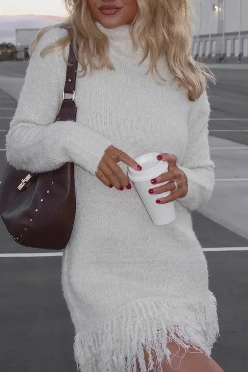 ( In stock)Women Turtleneck Tassel Knitted Sweater Dress
