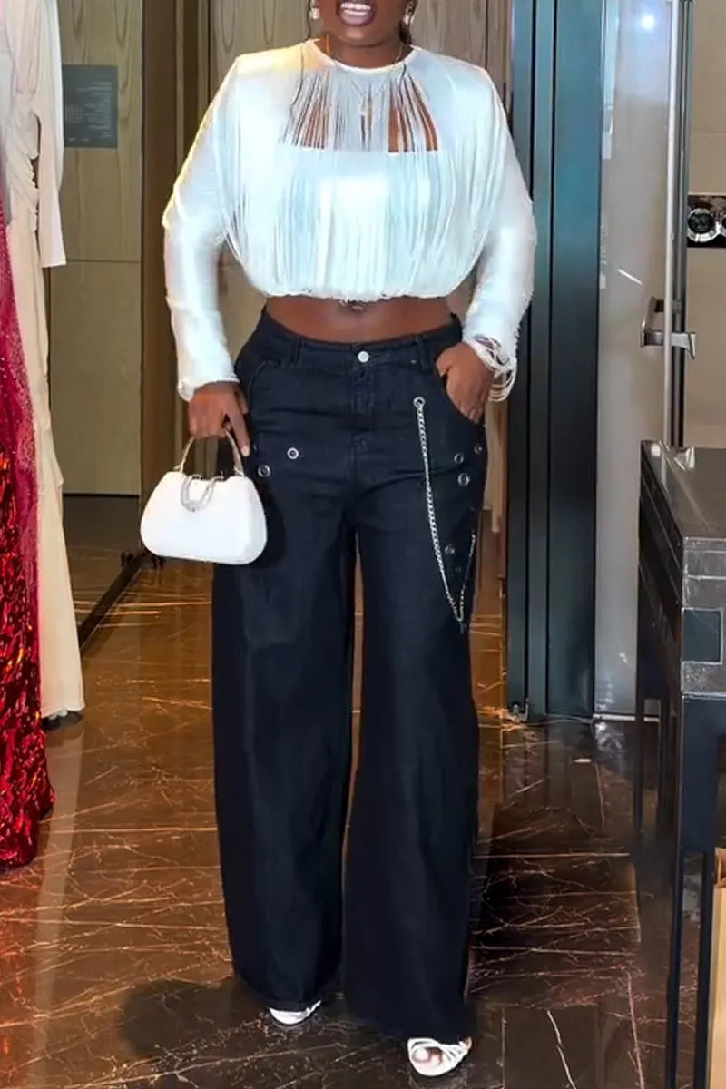 Women's Casual Round Neck Spliced Hollow Top or Jeans
