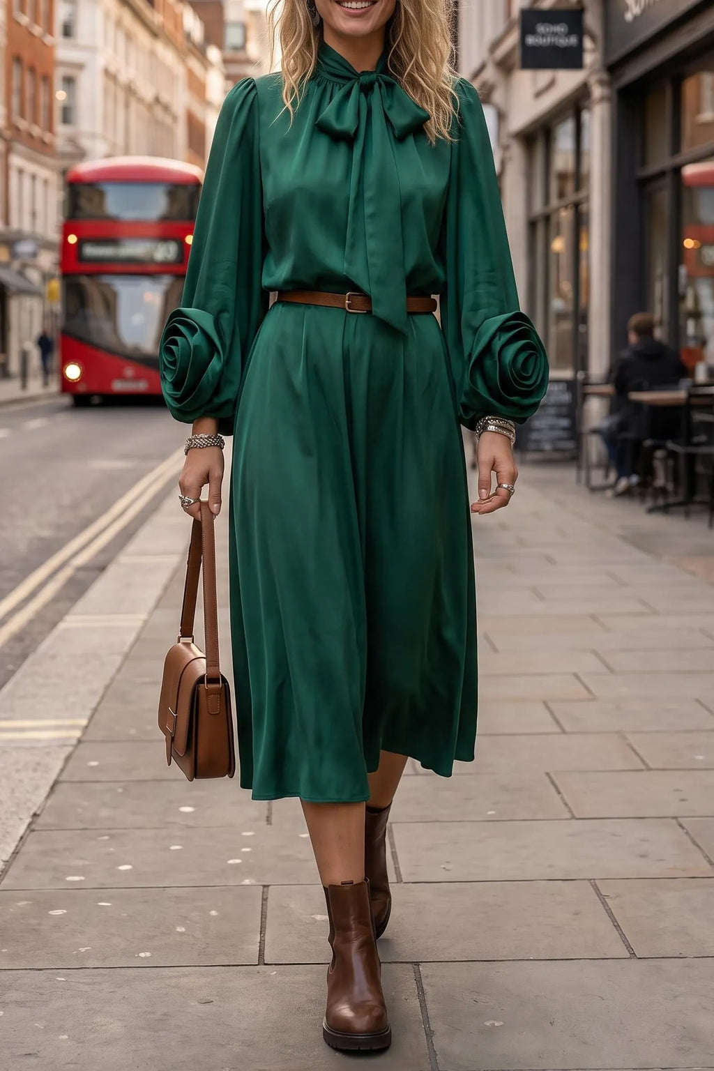 Women's Elegant Satin Tie Neck Midi Dress Long Lantern Sleeve 3D Rose Floral Pleated A-Line Cocktail Dress with Belt Vintage Wedding Guest Dresses