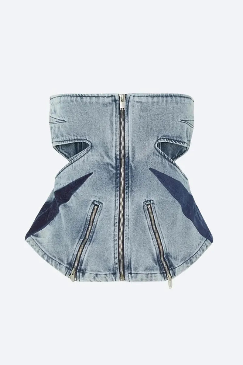 Women'sLight Wash Strapless Side Cutout Full Front Zip Denim Tube Top Or High Waist Contrast Dark Denim Diagonal Panel Flare Jeans