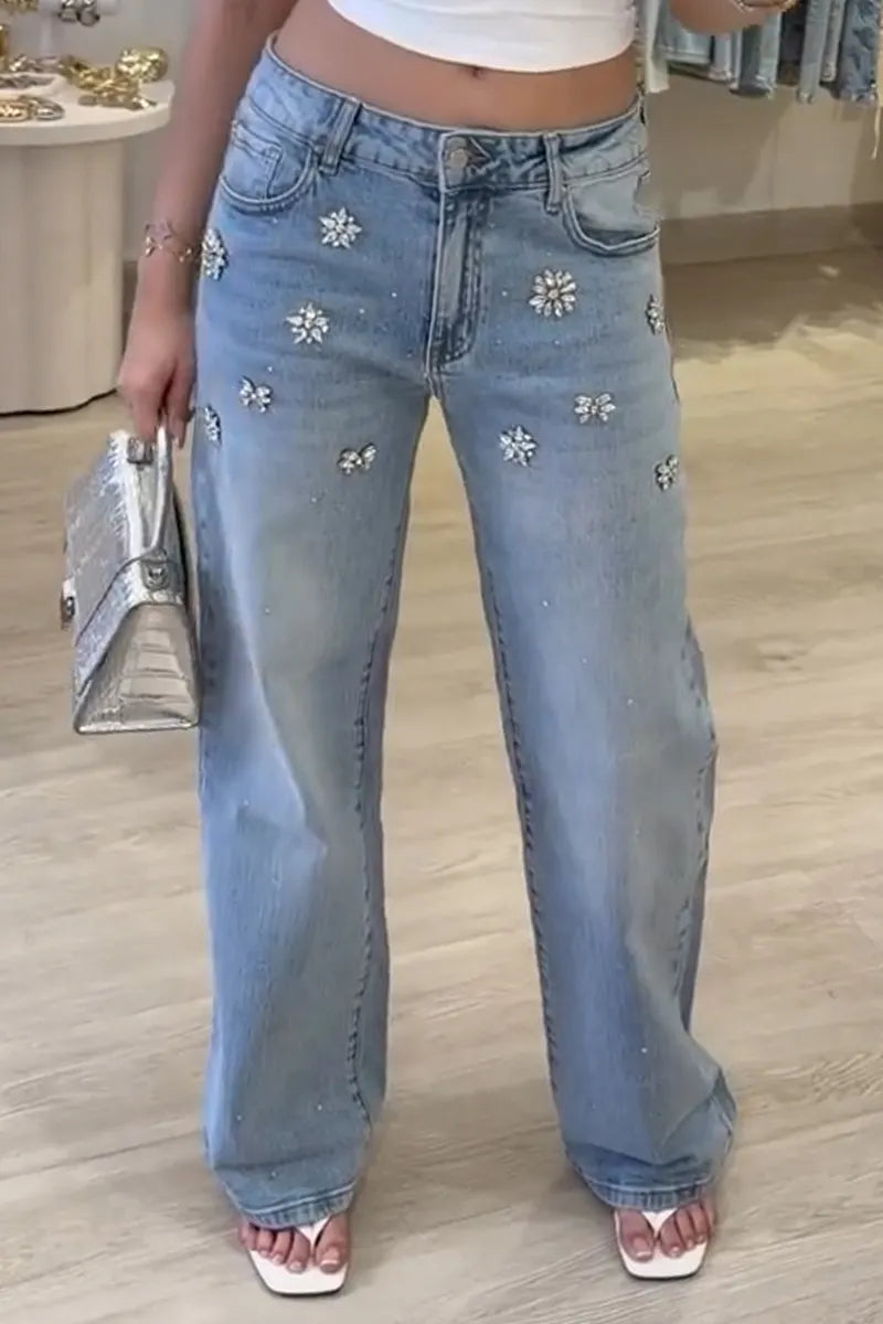 Women's Washed Rhinestone Decorated Casual Jeans