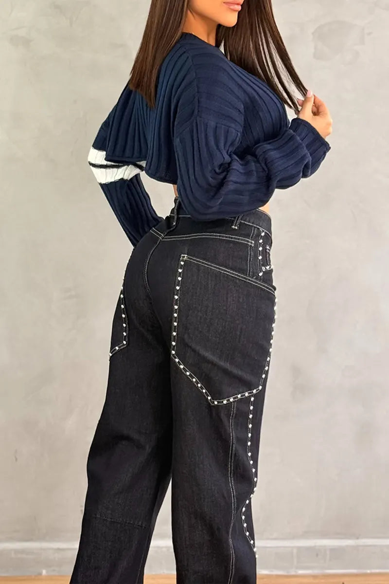 Women's Fashion Oversized Pocket Rivet Decoration Straight Jeans
