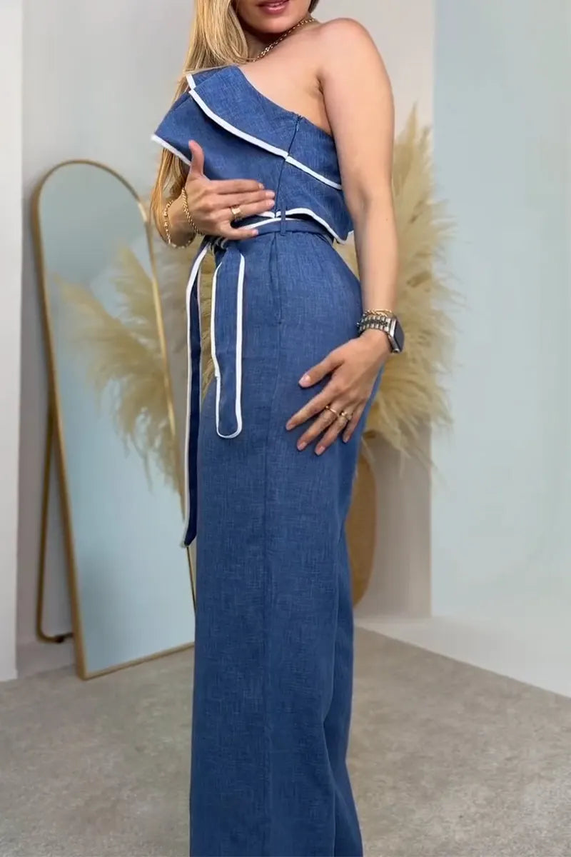 Women's Diagonal Collar Off Shoulder Patchwork Ruffle Edge Elegant Temperament Jumpsuit