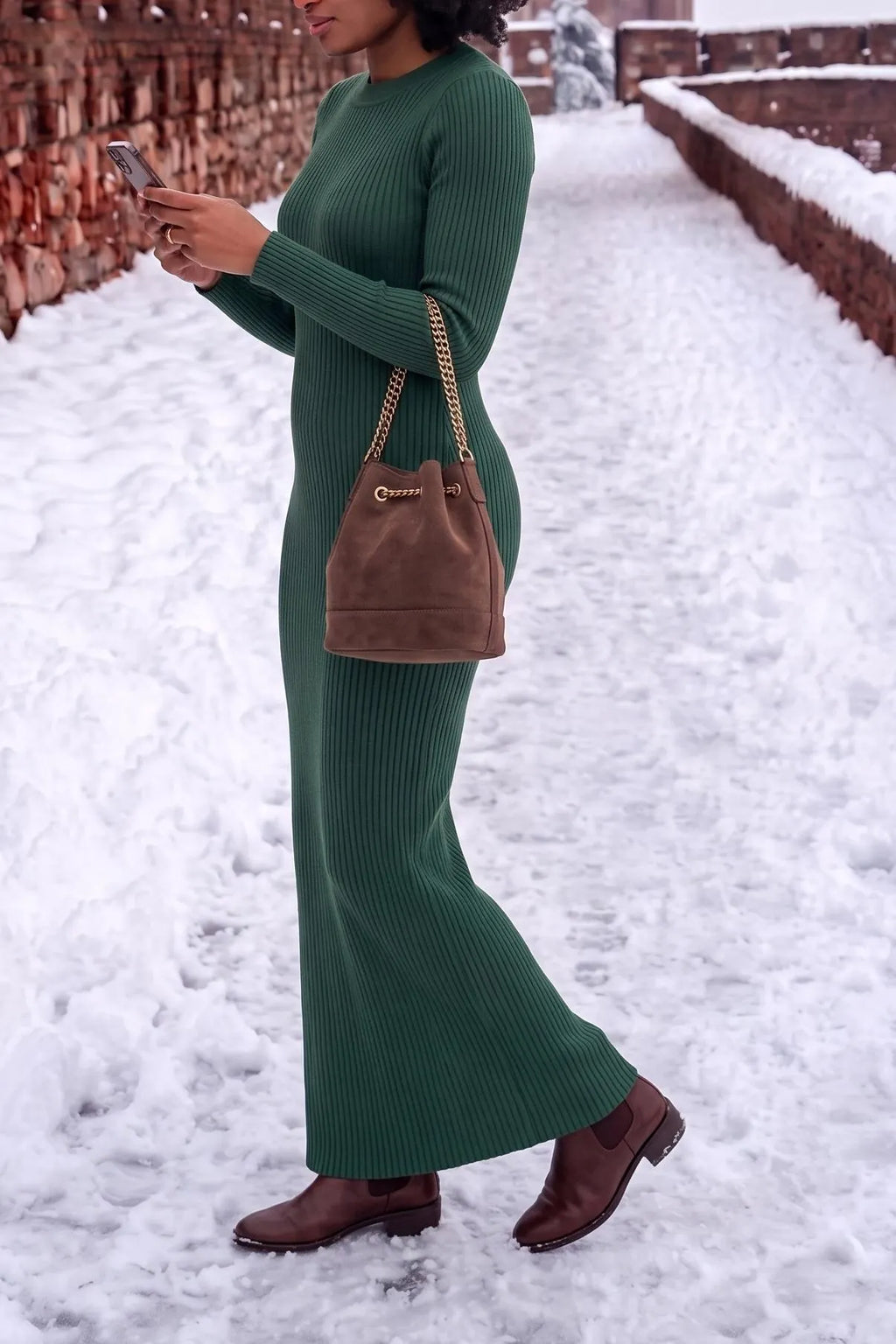 Women's 2-Piece Winter Warm Outfit: Crewneck Ribbed Knit Maxi Dress with Matching Faux Fur Vest Set