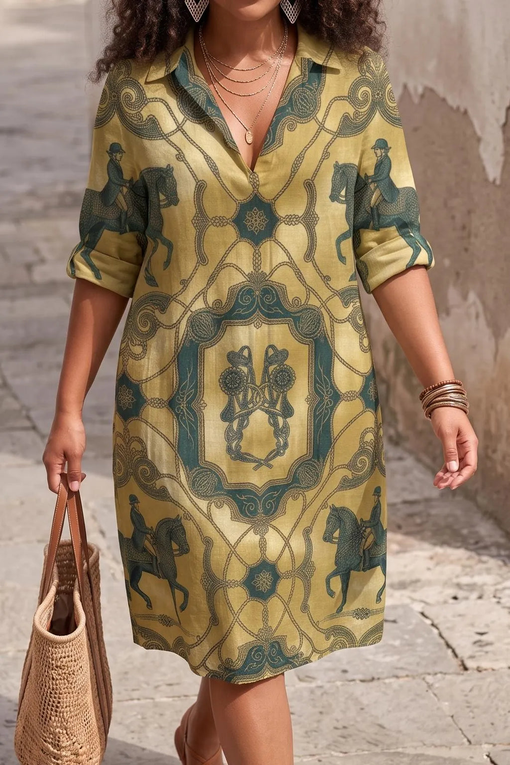 Women's  Riviera Equestrian Print Split-Neck Tunic Dress