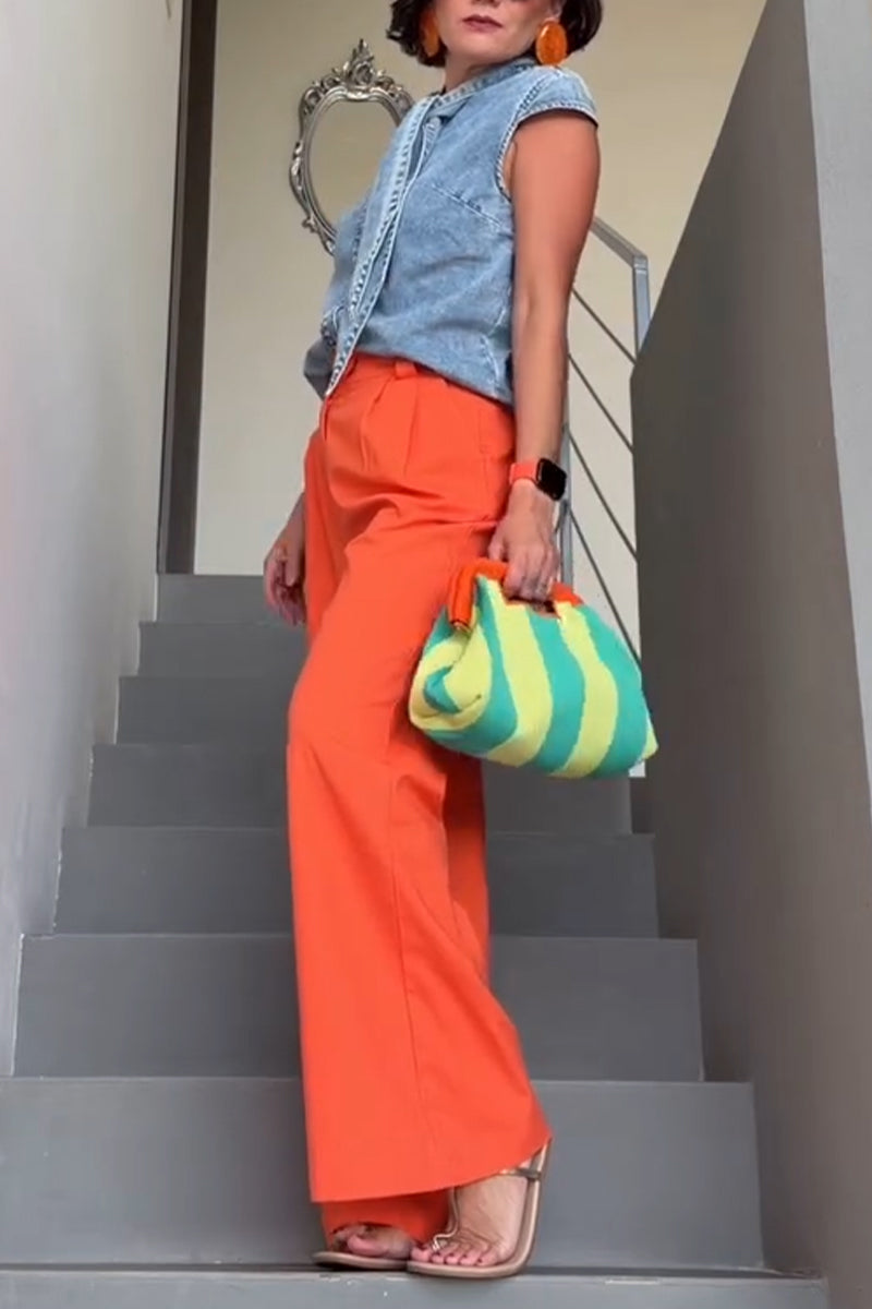 Women's Patchwork Tie Washed Denim Top or Solid Color Wide Leg Pants