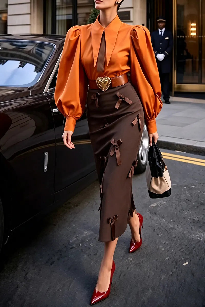 Women's Fashion Elegant Commuter Puff Sleeve Shirt or Bow Skirt