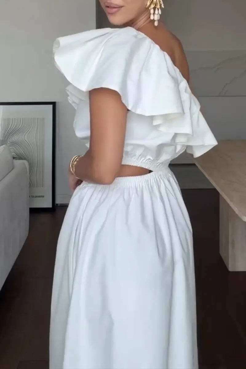 Women's Casual Ruffled Sleeve One Shoulder Waist Cutout  Maxi Dress
