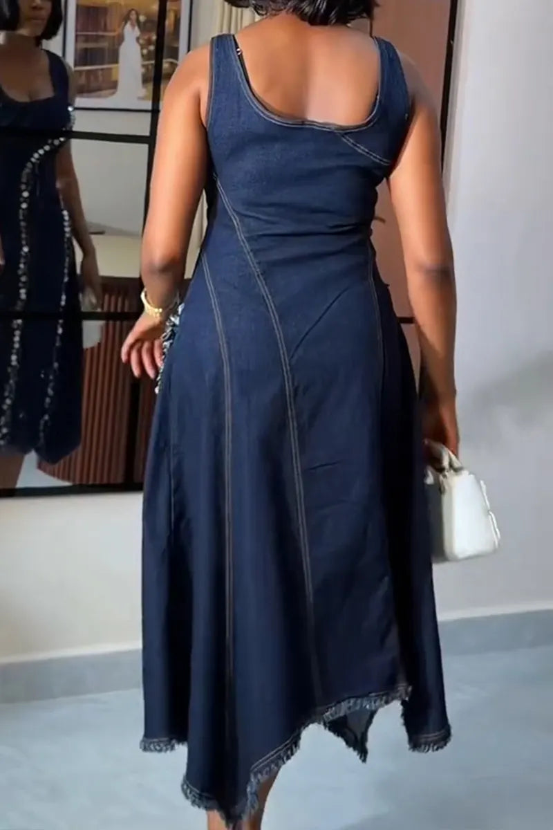 Women's Casual Sequin Decoration Patchwork Denim Midi Dress