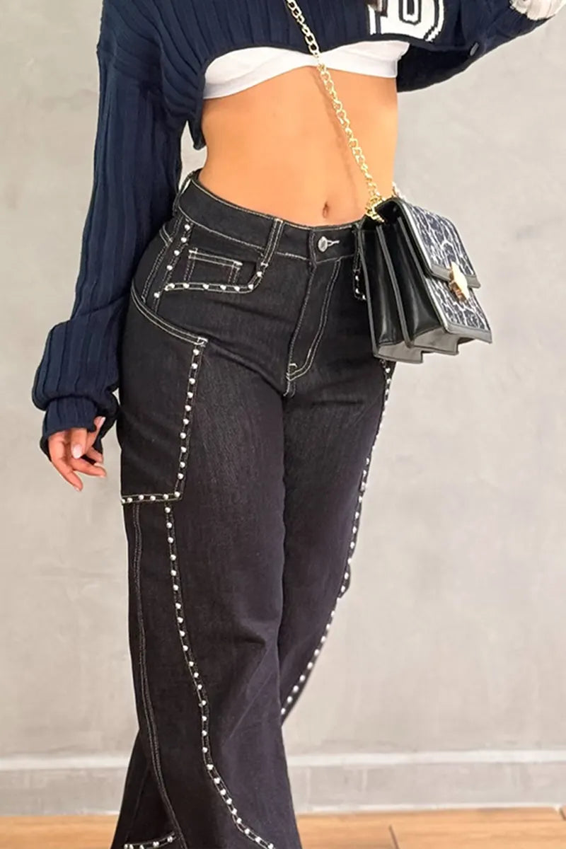 Women's Fashion Oversized Pocket Rivet Decoration Straight Jeans