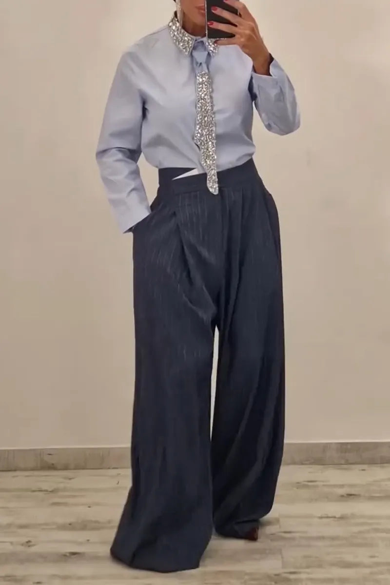 Women's Fashion Rhinestone Neckline Shirt with Belt or Stripe Suit Pants