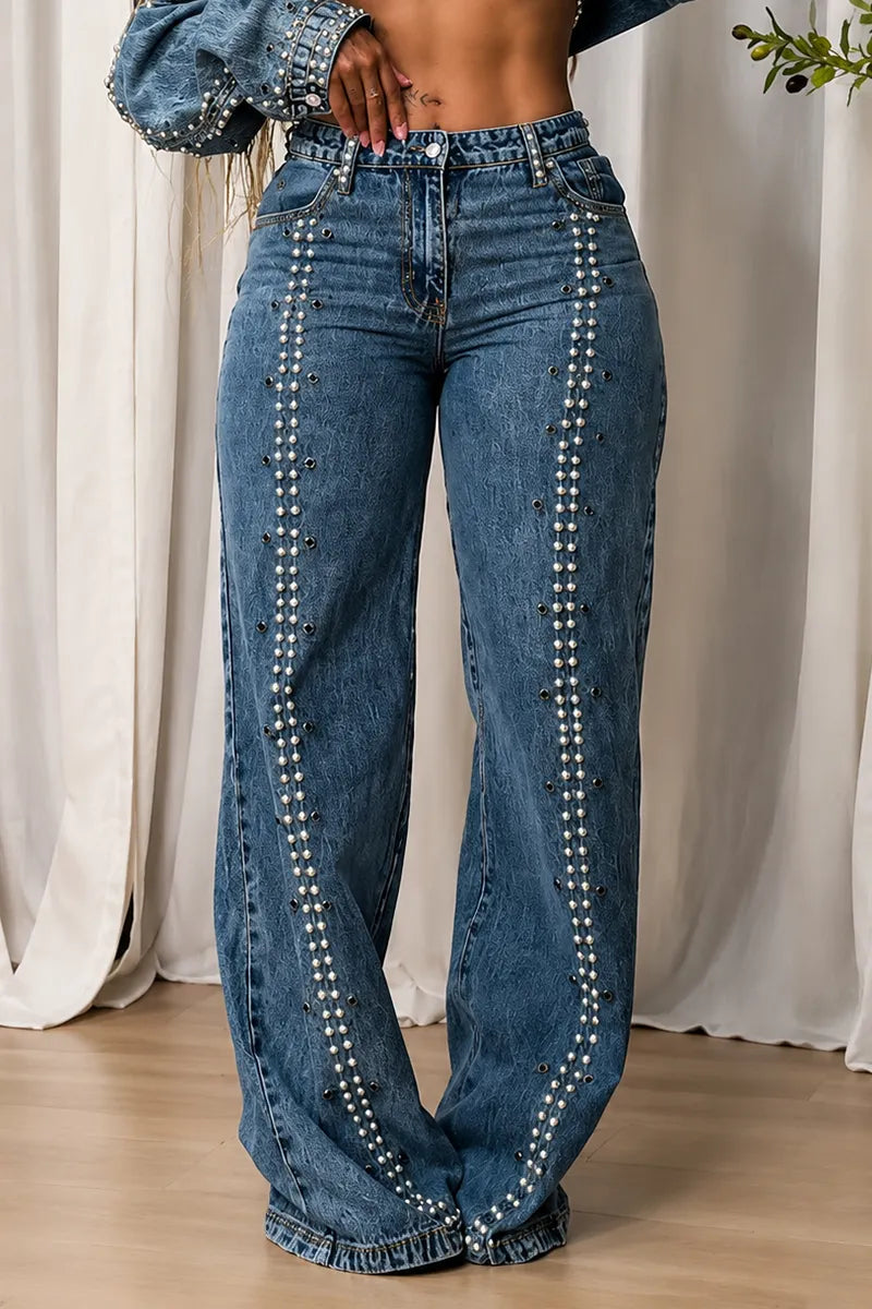 Women's Fashion Rivet Decoration Wide Leg Jeans