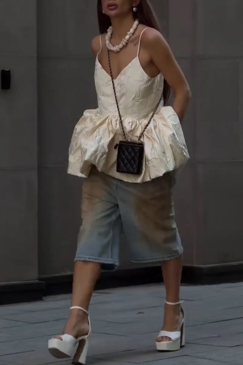 Women's Fashion Balloon Hem Vest or Wide Leg Denim Shorts
