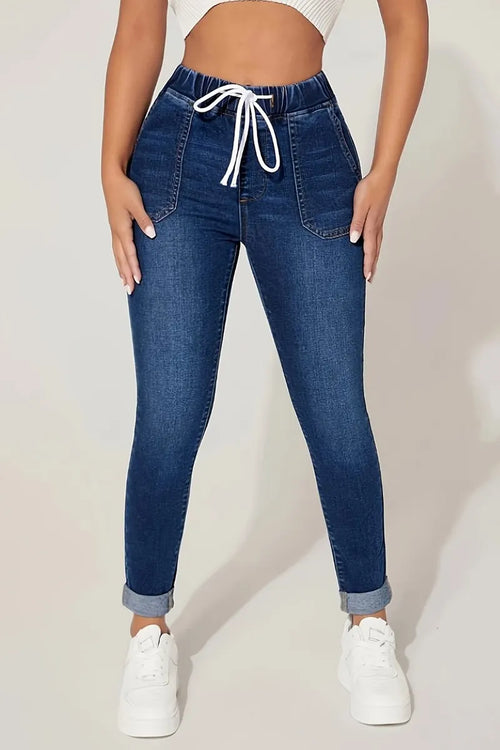 Casual Drawstring Elastic Waist High Stretch Skinny Jeans