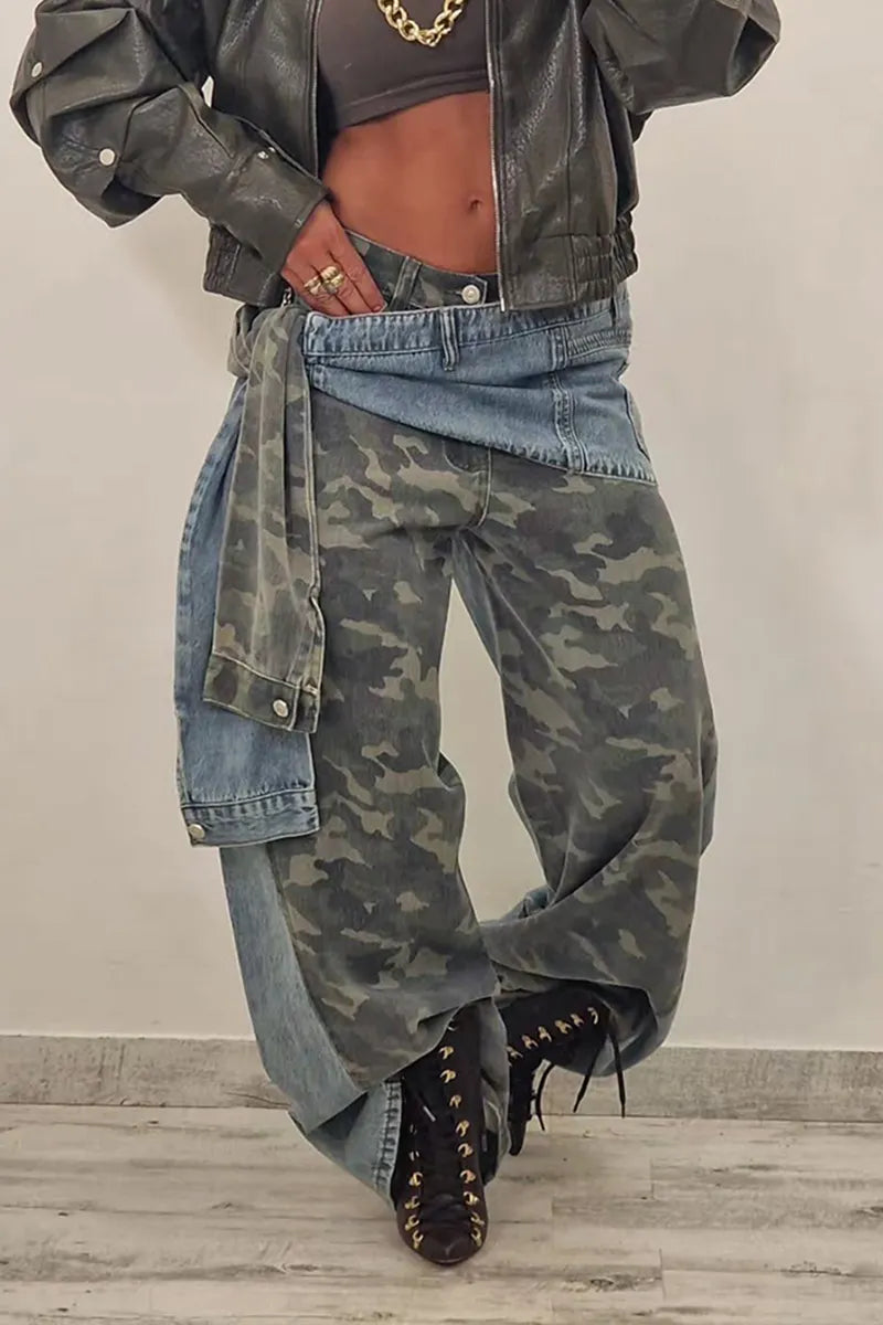 Women's Street Style Camo Layered Decoration Wide Leg Jeans