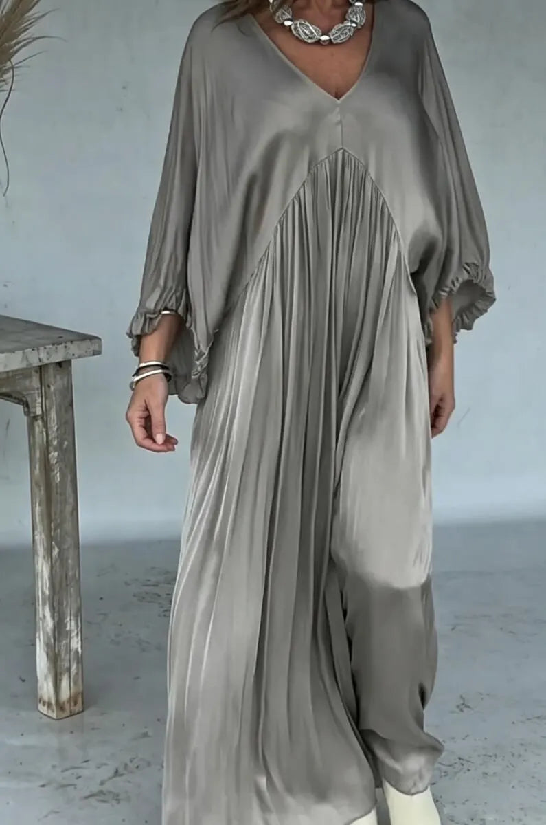Women's V-neck Patchwork Solid Color Satin Elegant Casual Dress