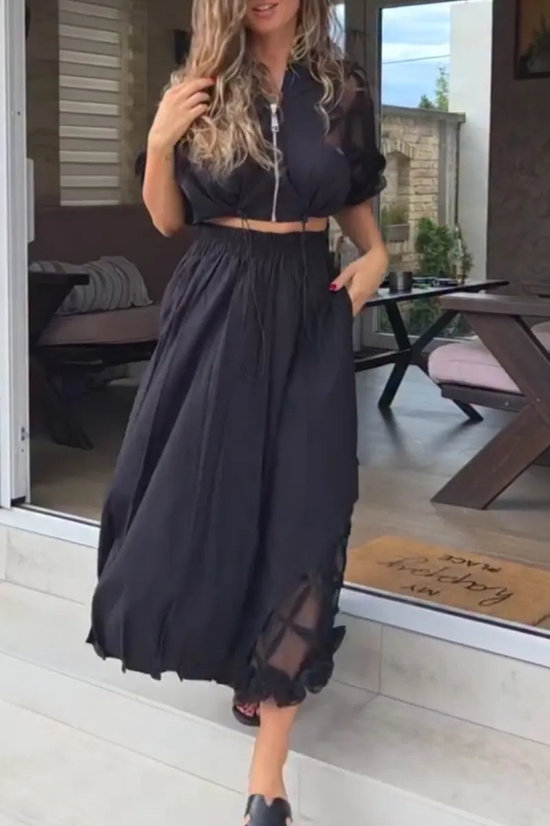 Women's Round Neck Zipper Splicing Perspective Short Jacket+ Splicing Half Skirt Elegant Casual Set