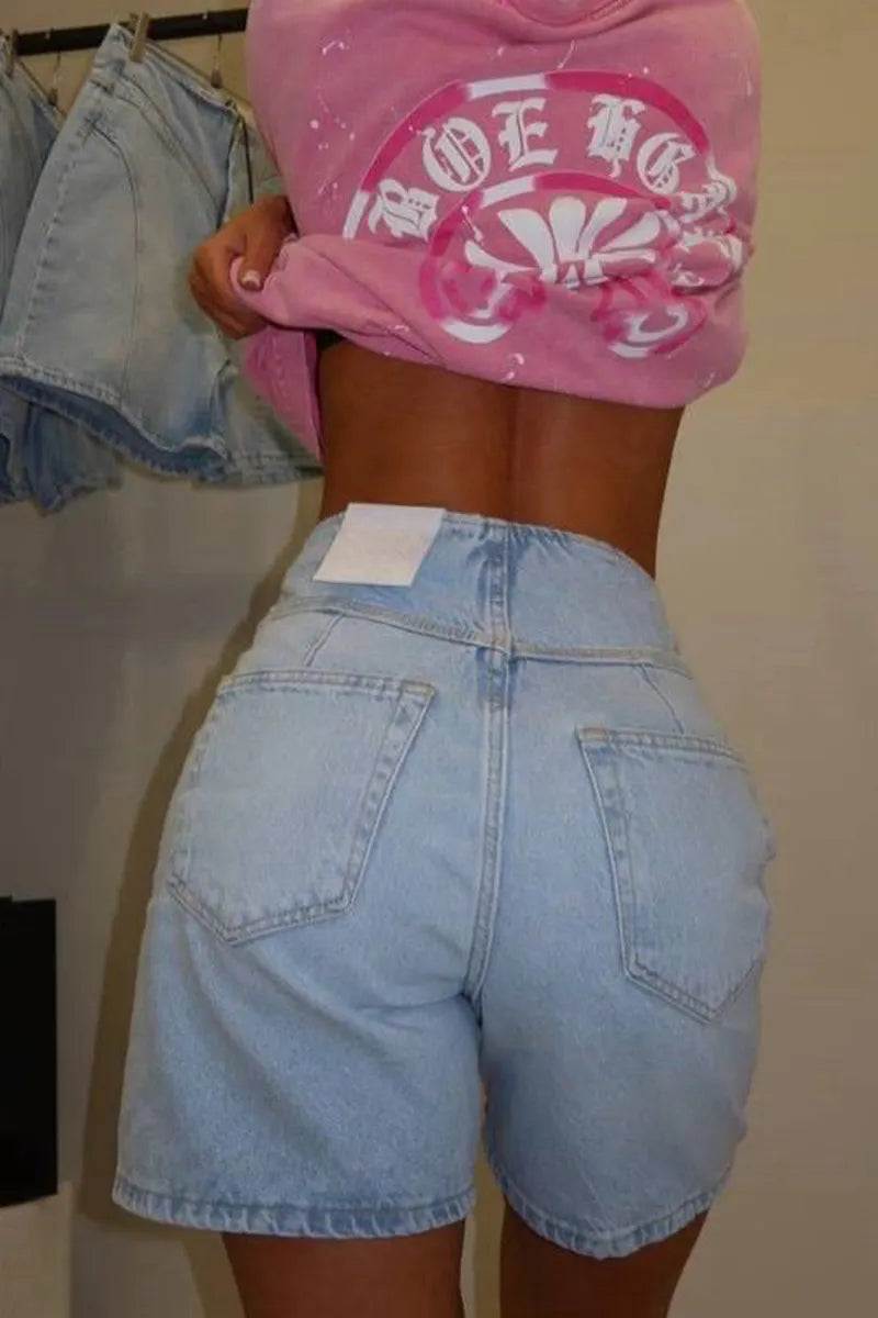 Women's High-Waisted Denim Shorts with Asymmetrical Waist & Seam Details