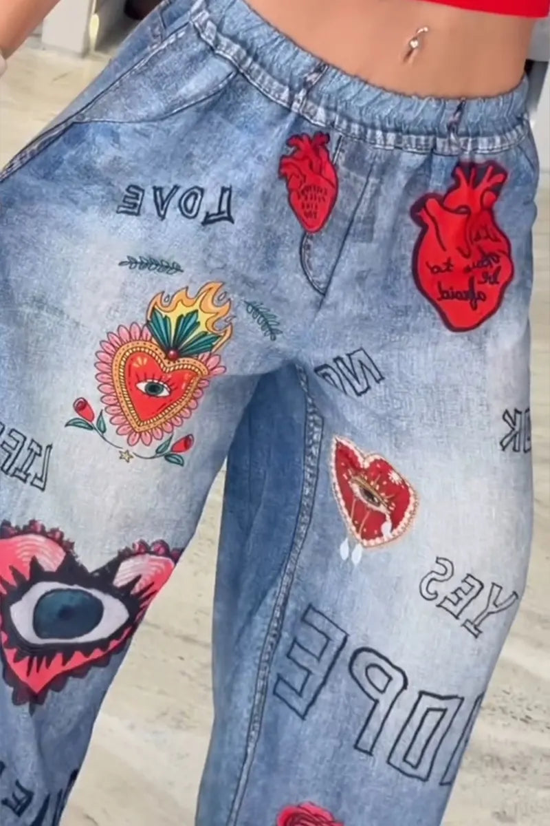 Women's Casual Faux Denim Pattern Print Wide Leg Pants