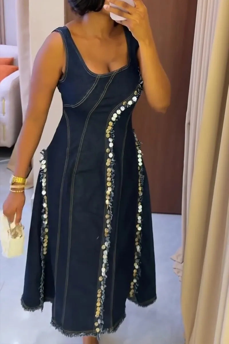 Women's Casual Sequin Decoration Patchwork Denim Midi Dress