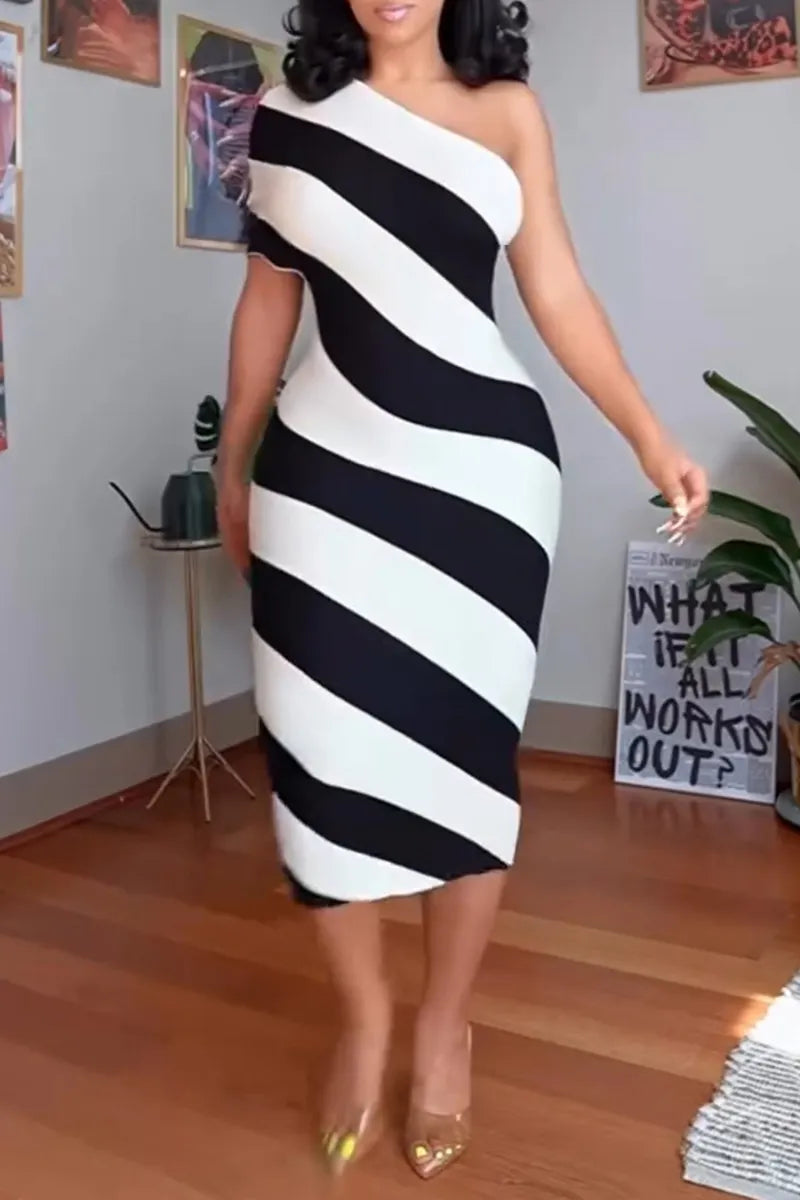 Women's Casual One-Shoulder Asymmetric Neckline Stripe Slim Midi Dress