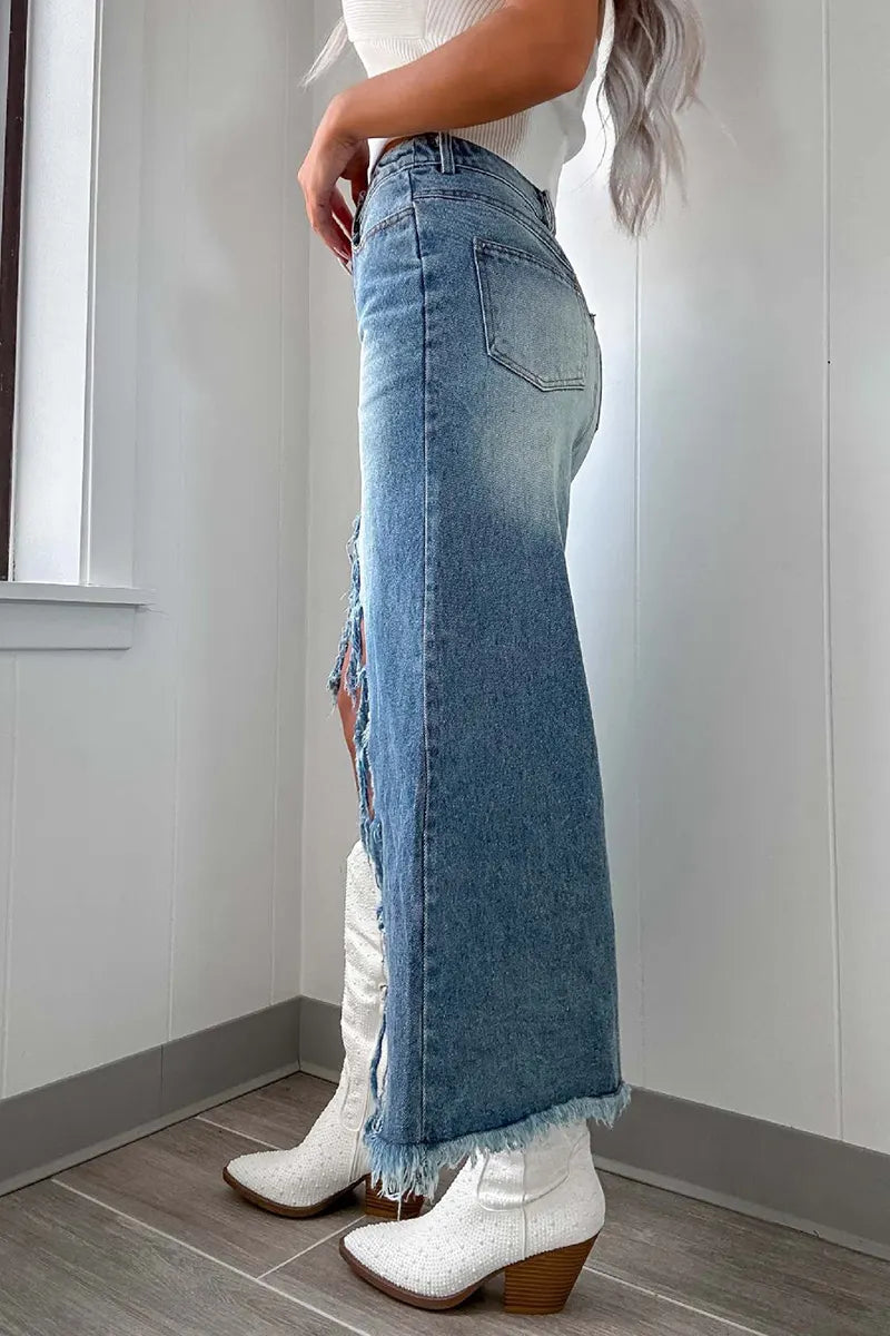 Casual High Rise Irregular Raw Hem Washed Denim Skirt