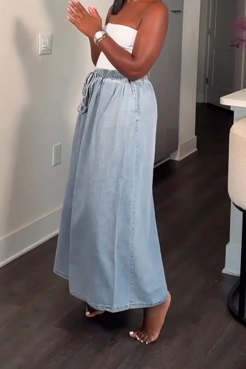 Women's Drawstring Washed Casual Wide Leg Jeans